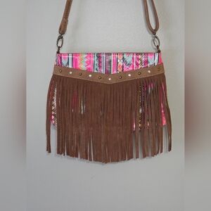 Catchfly Cowgirl Western Fringe Cross Body Bag Bright Pink/Teal BrownAztec Print